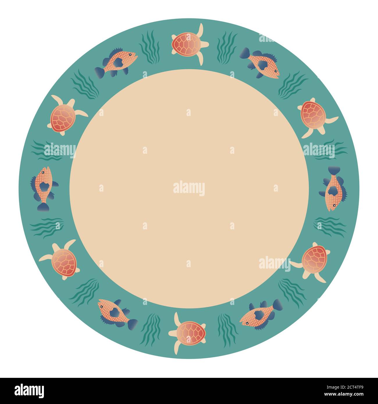 Assiette décorative avec ornement rond. Cadre floral circulaire avec poissons et tortues nageant dans la mer. Vie marine. Vecteur EPS10. Illustration de Vecteur