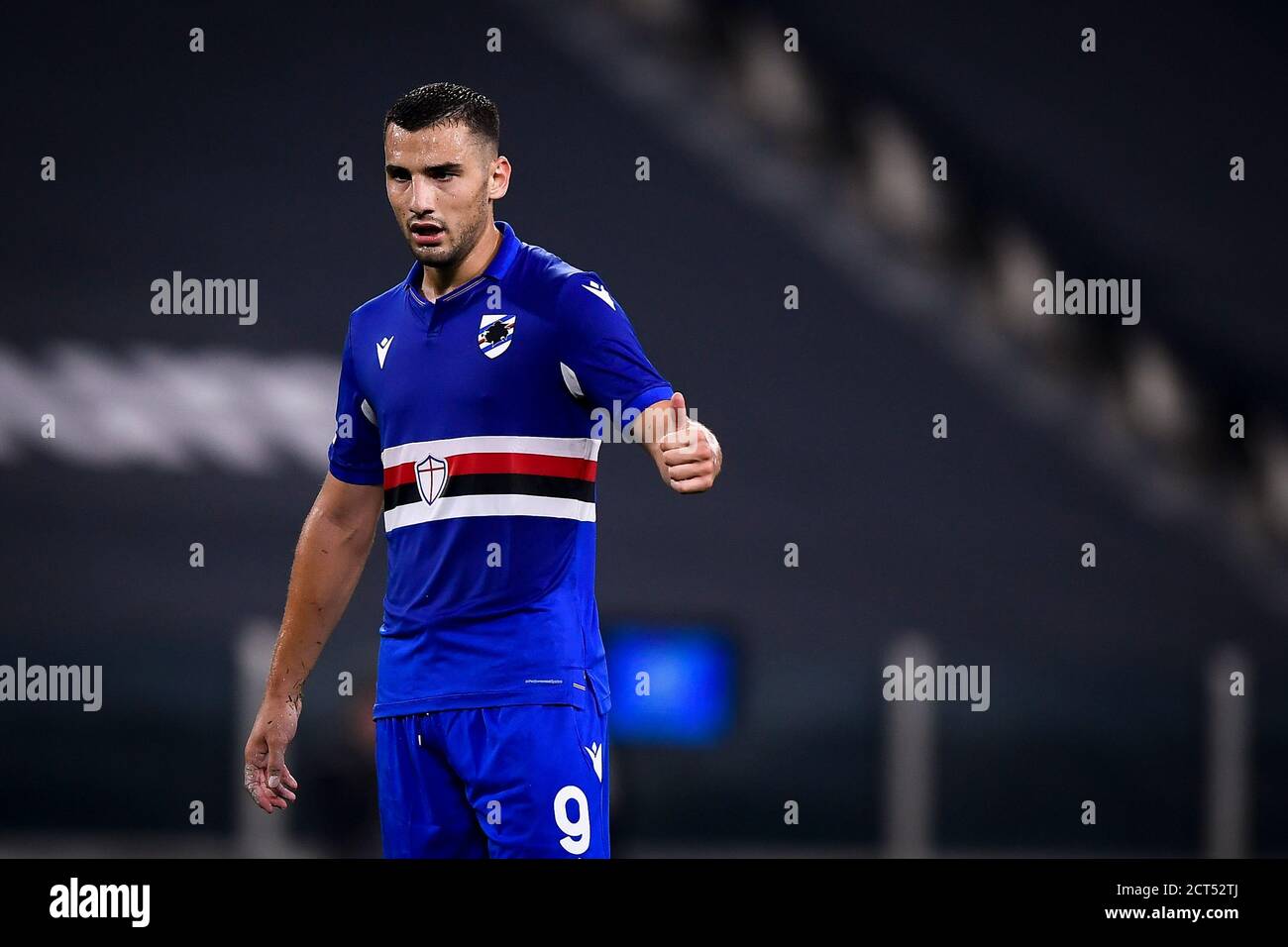 TURIN, ITALIE - 20 septembre 2020: Federico Bonazzoli de UC Sampdoria gestes pendant la Serie UN match de football entre Juventus FC et UC Sampdoria. Juventus FC a gagné 3-0 sur UC Sampdoria. (Photo de Nicolò Campo/Sipa USA) Banque D'Images