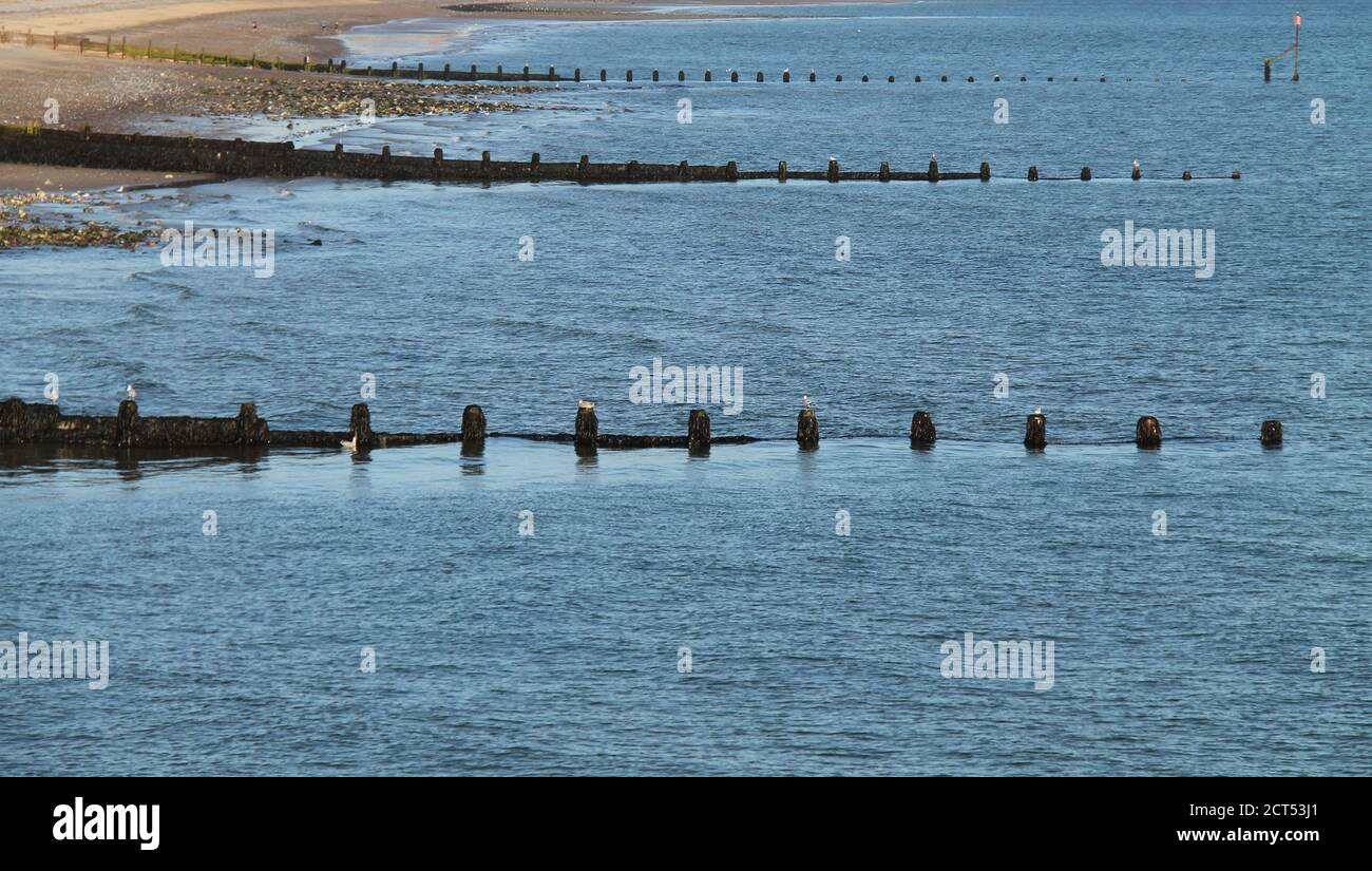 Un ensemble de groynes de la plage de défense de la mer en bois. Banque D'Images