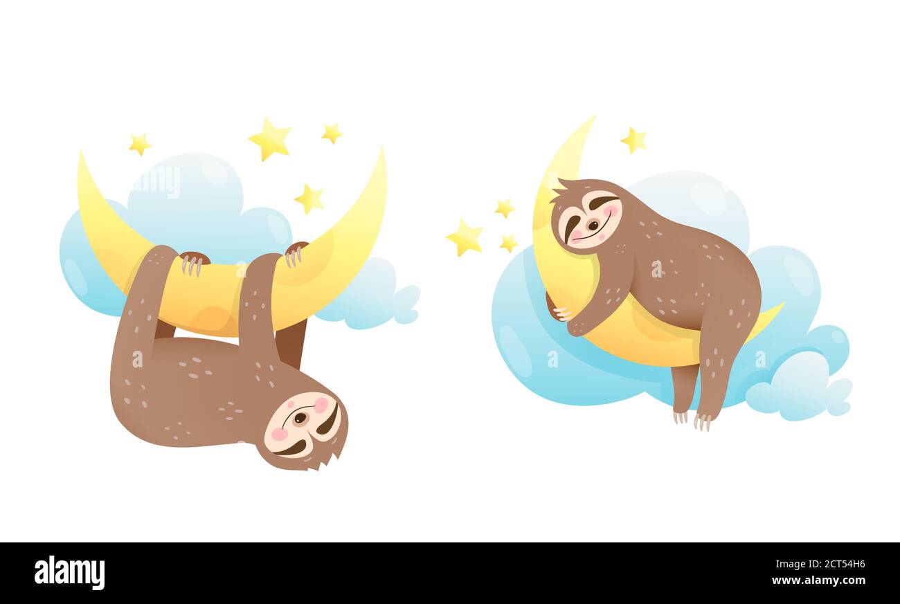 Bebe Animal Paresseux Dormant Dans Les Nuages Embrassant La Lune Un Joli Clipart Pour Les Nouveau Nes Image Vectorielle Stock Alamy