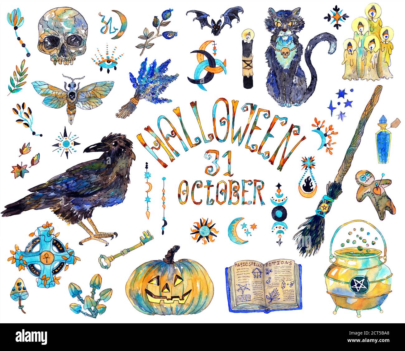 Ensemble de motifs d'Halloween avec symboles traditionnels des fêtes et objets sorcières - corbeau, balai, chat, citrouille, crâne et éléments. Illustrateur coloré dessiné à la main Banque D'Images