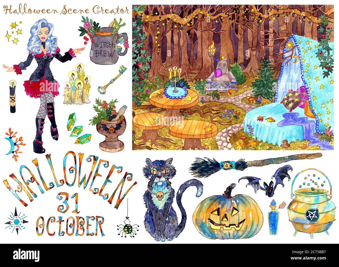 Créateur de scène coloré avec belle sorcière en costume gothique, Halloween paysage arrière-plan et objets effrayants traditionnels isolés sur blanc. Conception Banque D'Images