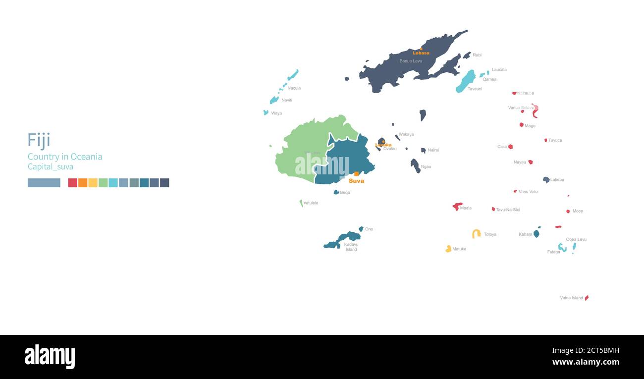 Carte des Fidji. Carte vectorielle détaillée et colorée de l'Océanie, pays du pacifique Sud. Illustration de Vecteur