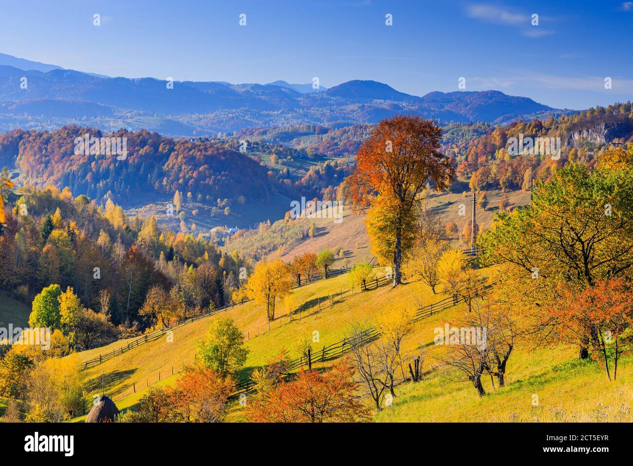 Brasov, Roumanie. Paysage du village de Magura en automne. Banque D'Images