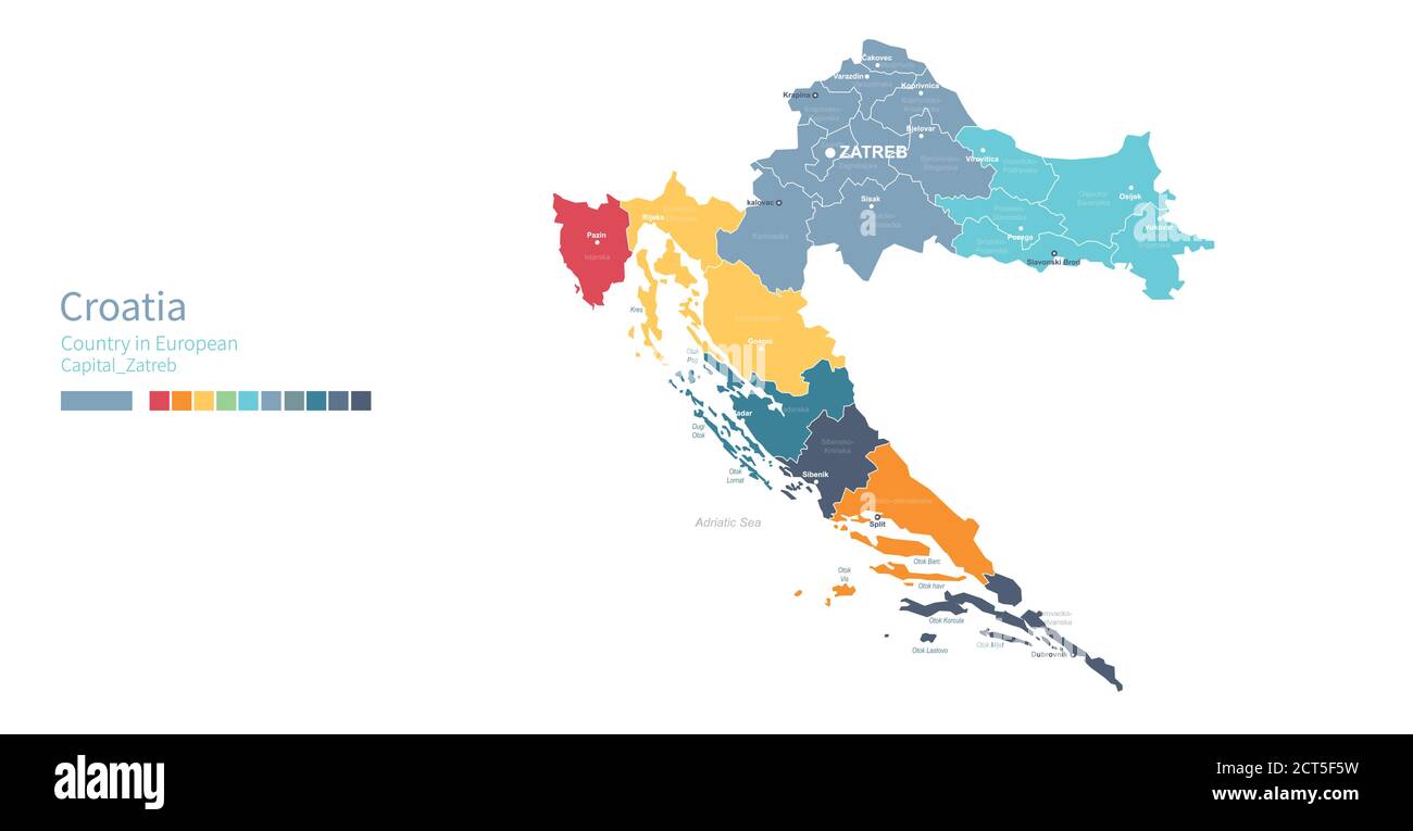 Carte de Croatie. Carte vectorielle détaillée et colorée du pays européen. Illustration de Vecteur