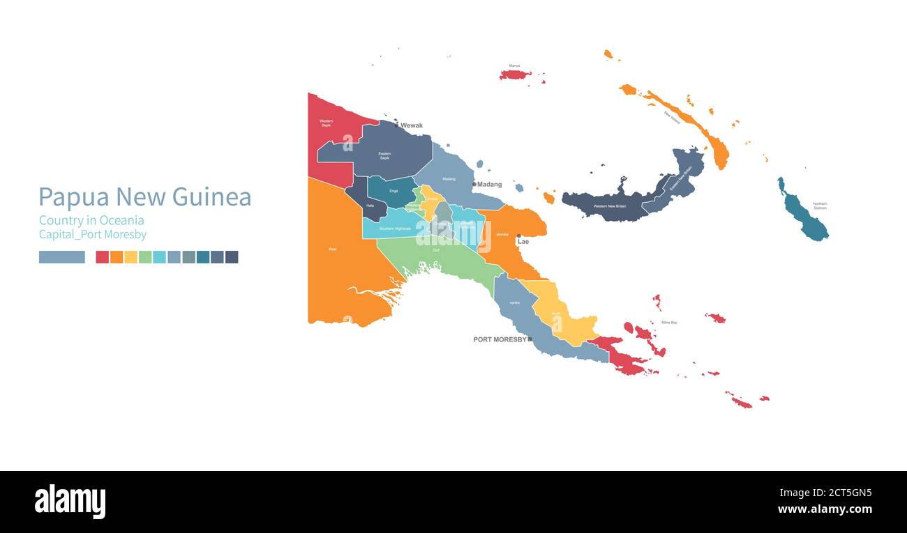Carte de la Papouasie-nouvelle-guinée. Carte vectorielle détaillée et colorée de l'Océanie, pays du pacifique Sud. Illustration de Vecteur