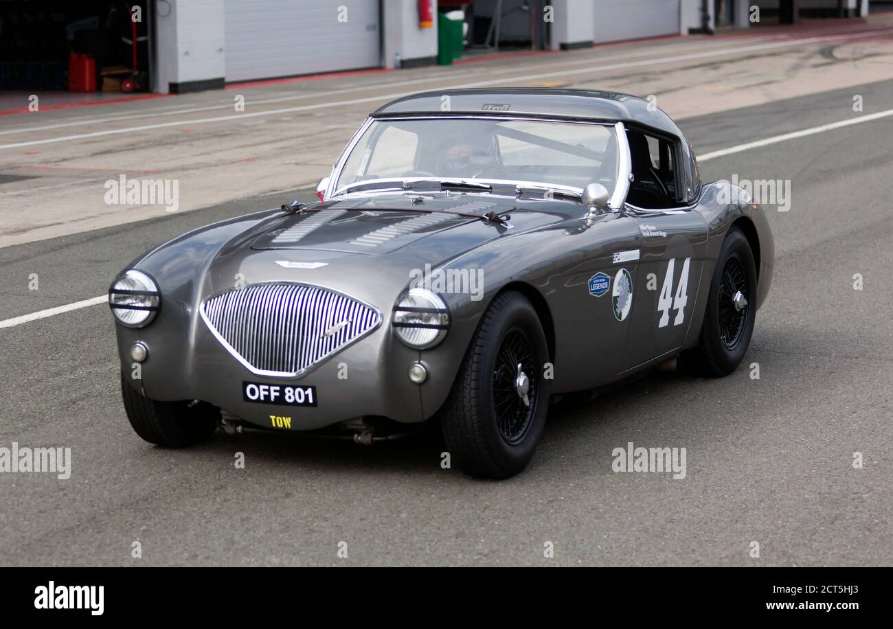 Sarah Bennett-Baggs pilotant un Austin-Healey 1954 100/4 sur la voie nationale de la Pit, pendant la session de qualification du Trophée Woodcote du RAC Banque D'Images