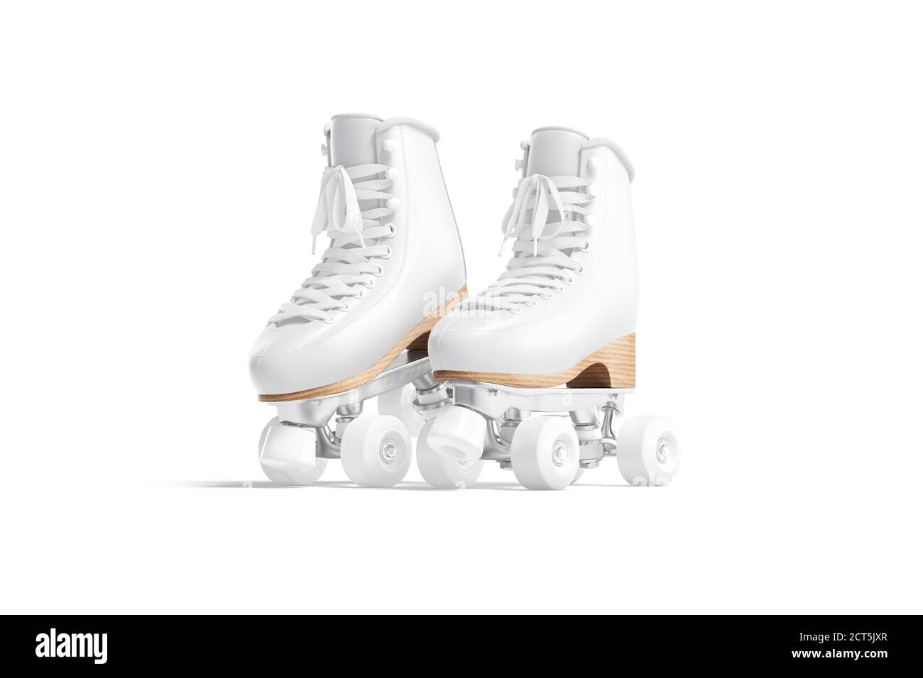 Patins blancs à roulettes vides avec roues en forme de maquette sur le pied à biche, Banque D'Images