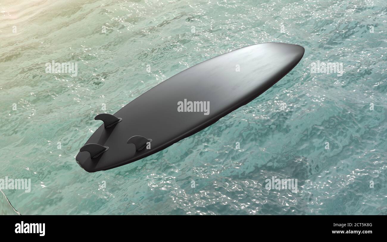 Maquette de planche de surf noire vierge avec ailettes sur la surface de l'eau Banque D'Images Maquette de planche de surf noire vierge avec ailettes sur la surface de l'eau Banque D'Images