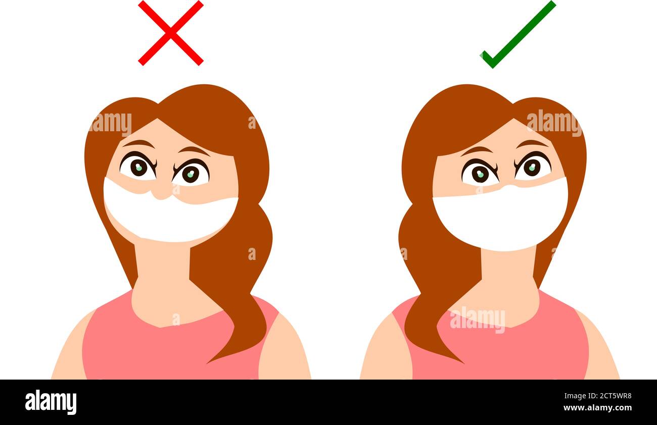 Quoi faire et ce qui ne pas faire quand vous portez un masque facial, femme portant un masque de manière inappropriée parce que son nez n'était pas couvert Illustration de Vecteur