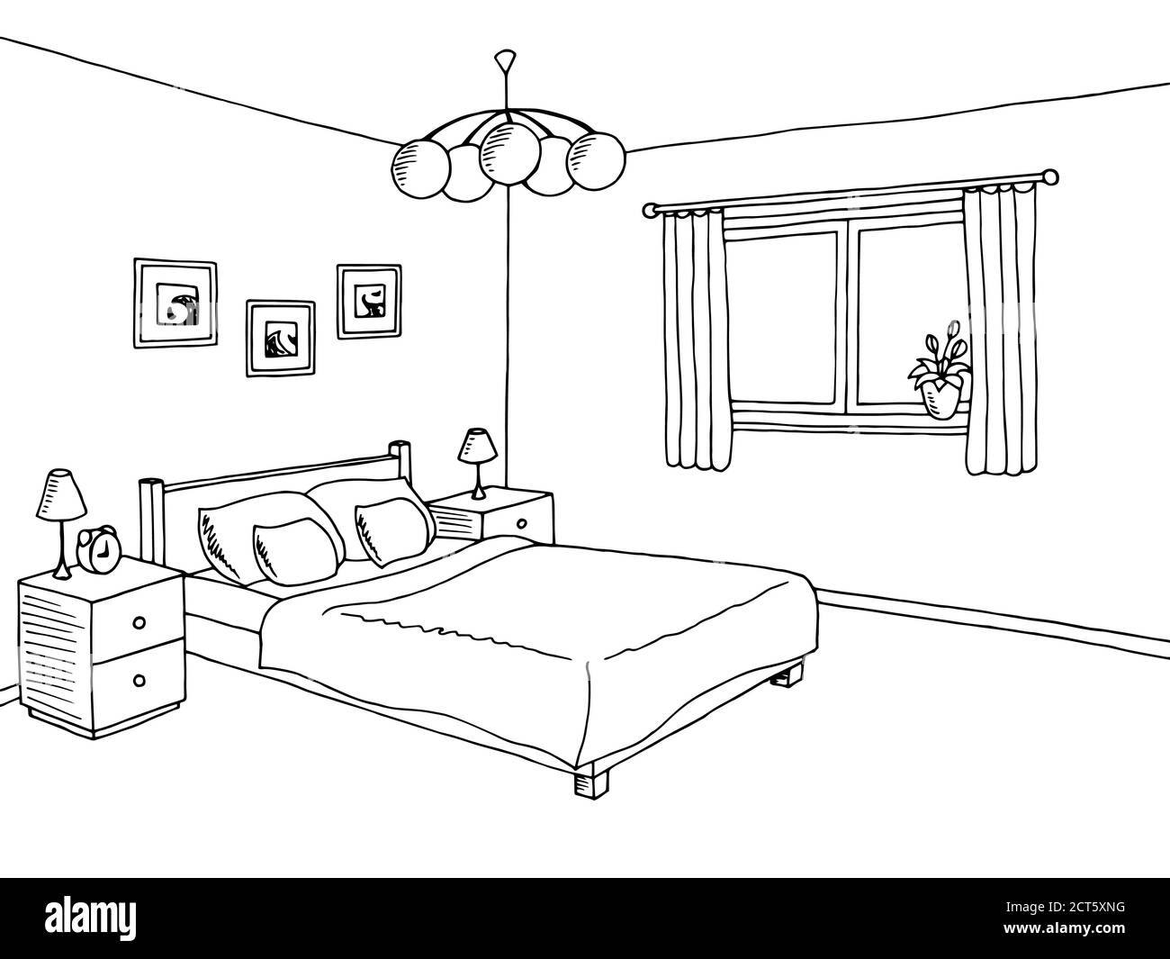 Chambre noir blanc graphique art intérieur esquisse illustration vecteur Illustration de Vecteur