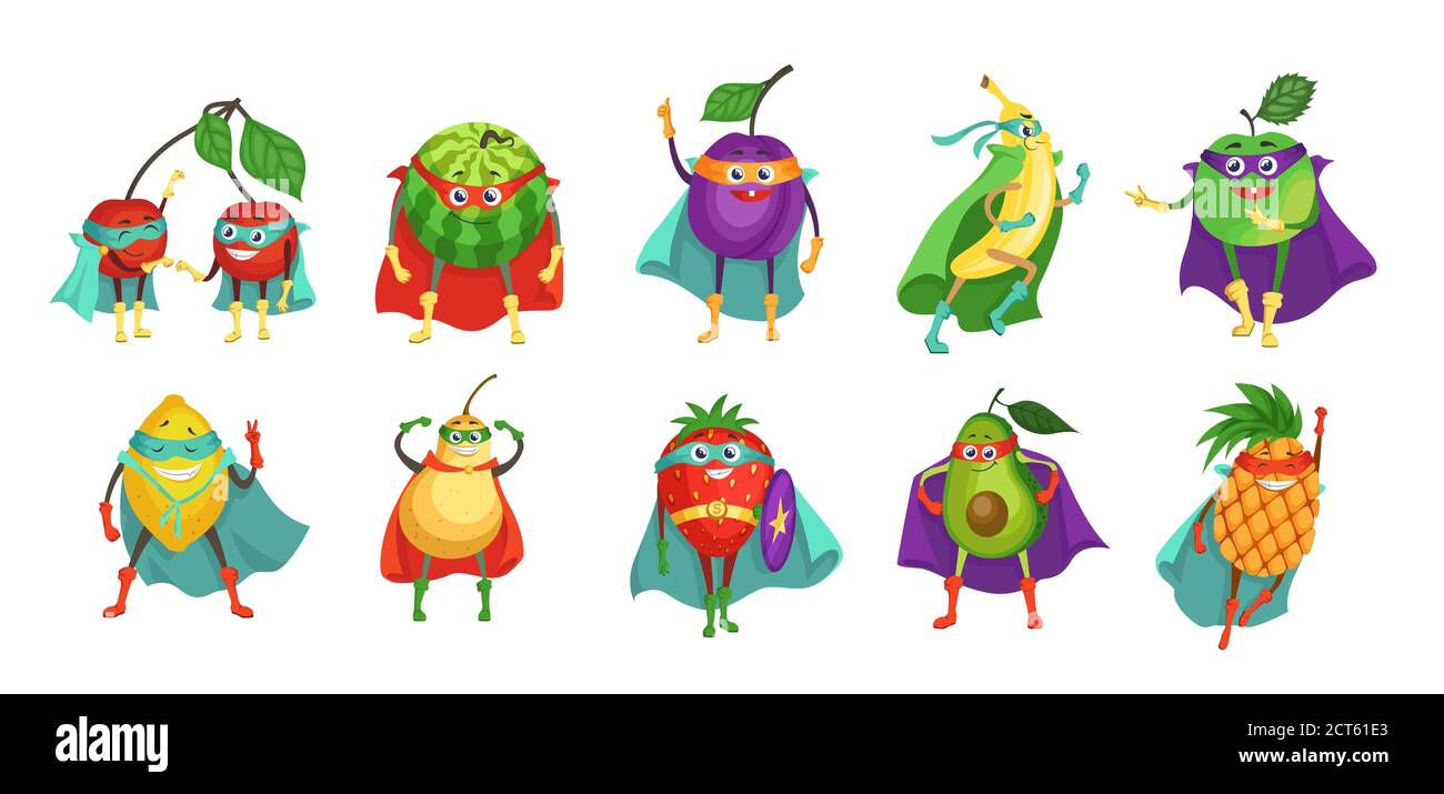 Jeu de personnages amusants de dessin animé fruit et baie, illustration vectorielle plate. Illustration de Vecteur