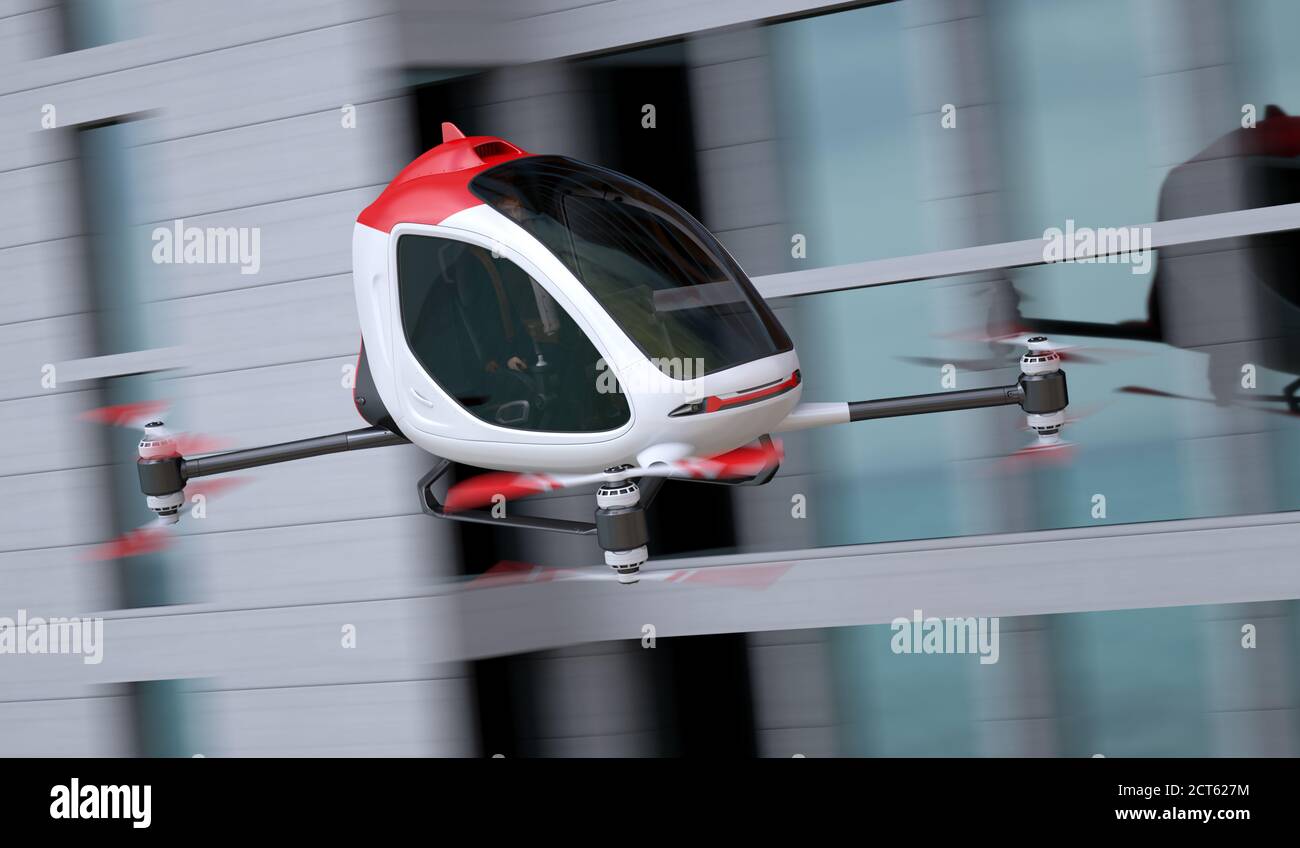 Drone passager électrique volant en face de bâtiments. C'est un modèle 3D et n'existe pas dans la vie réelle. 3D illustration Banque D'Images