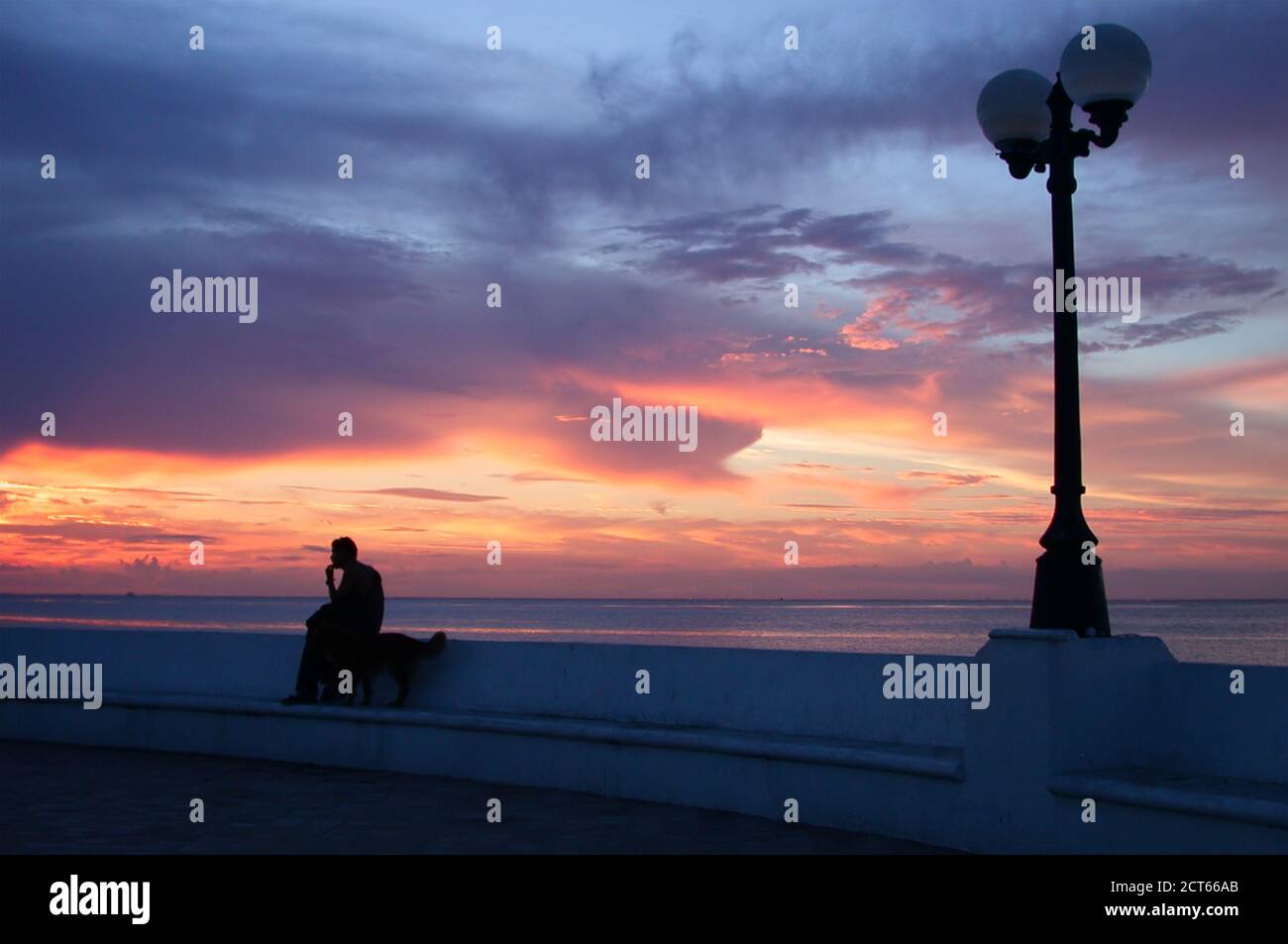 La silhouette d'un homme solitaire avec son chien observe le coucher de soleil sur la mer depuis une terrasse sur le toit de l'île de Cozumel, au Mexique Banque D'Images