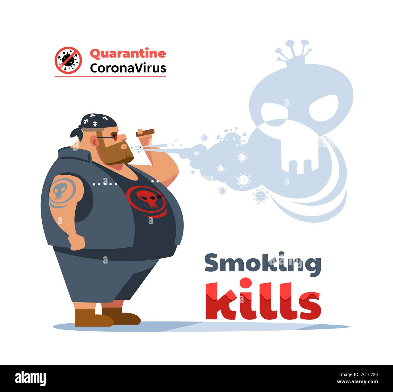 Affiche dangers de fumer. Coronavirus. Homme de Biker pendant la pandémie  COVID-19 toussant et fumant une cigarette dans la rue. Fumer provoque le  cancer du poumon Image Vectorielle Stock
