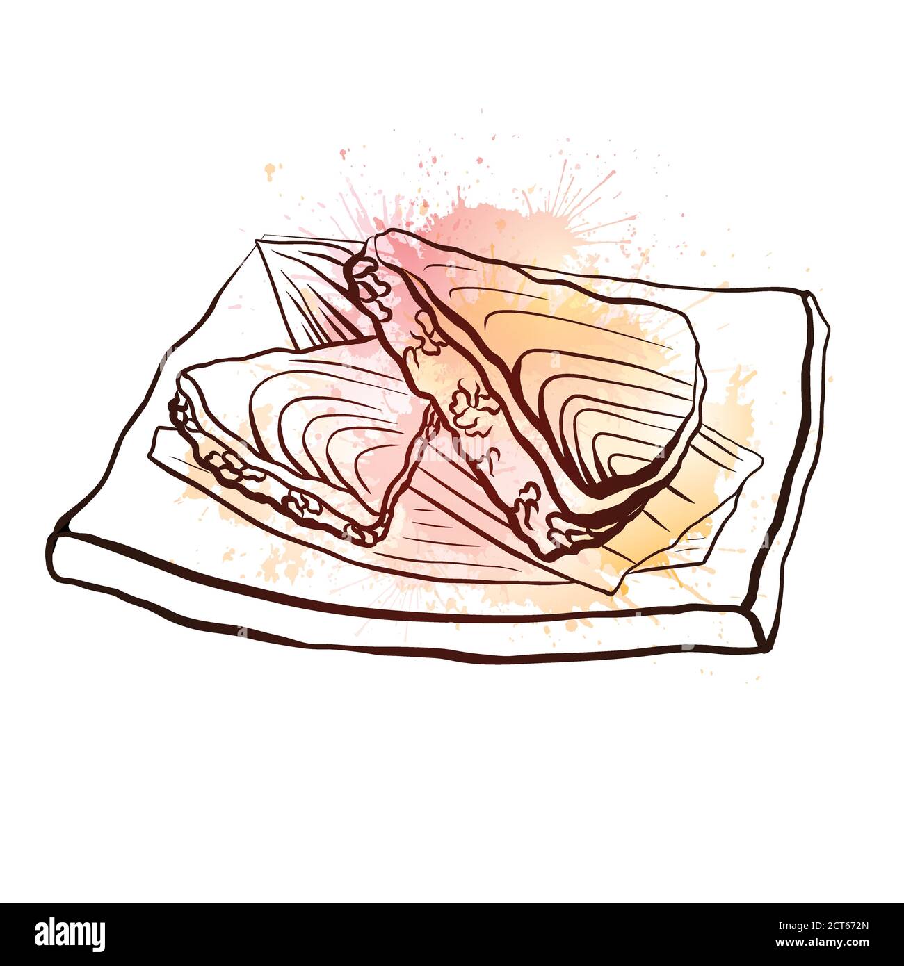 Illustration du contour d'un aliment japonais avec du riz et du saumon sur une assiette avec des éclaboussures d'aquarelle rose. Illustration vectorielle pour le menu, les couleurs, les recettes et Illustration de Vecteur