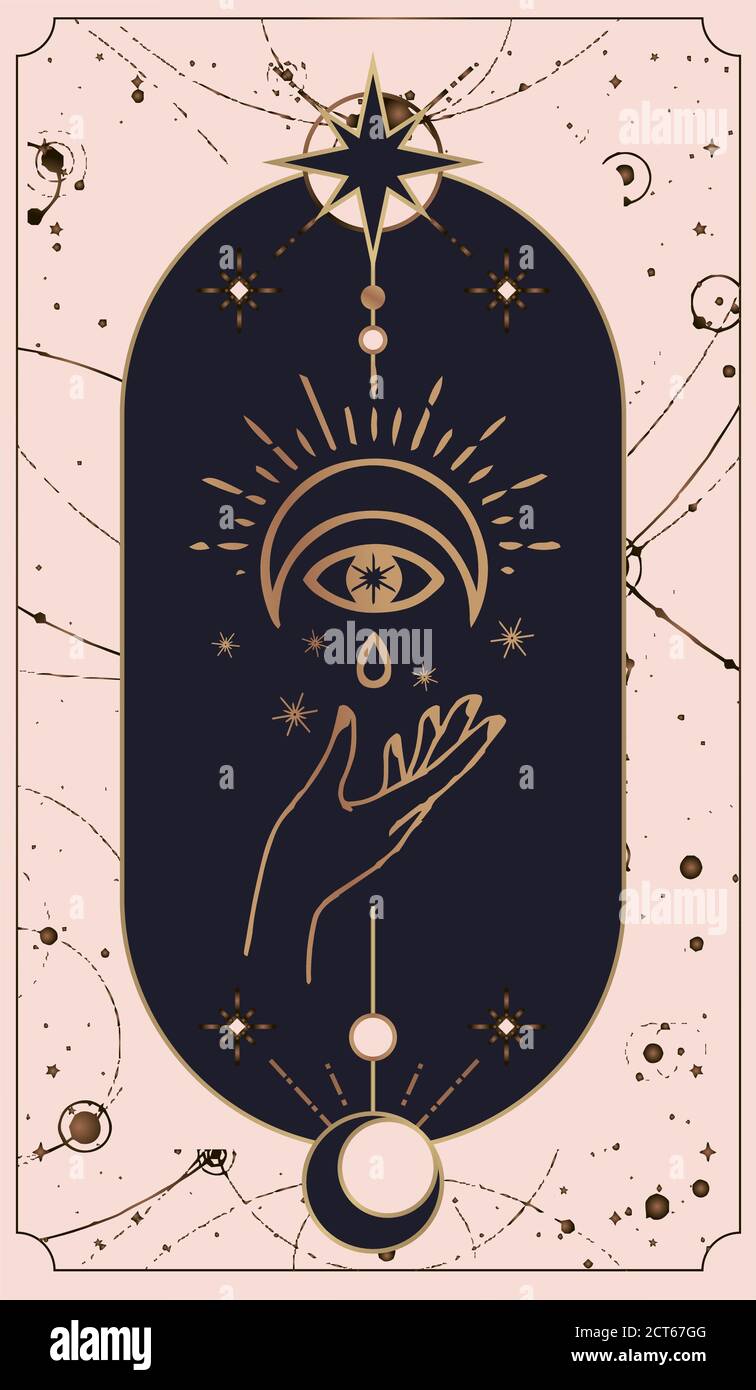 Cartes de la lune et du soleil tarot, mains en simple plat ésotérique de style boho. Collection ésotérique de logos avec divers symboles tels que l'espace étoile planète, g Illustration de Vecteur