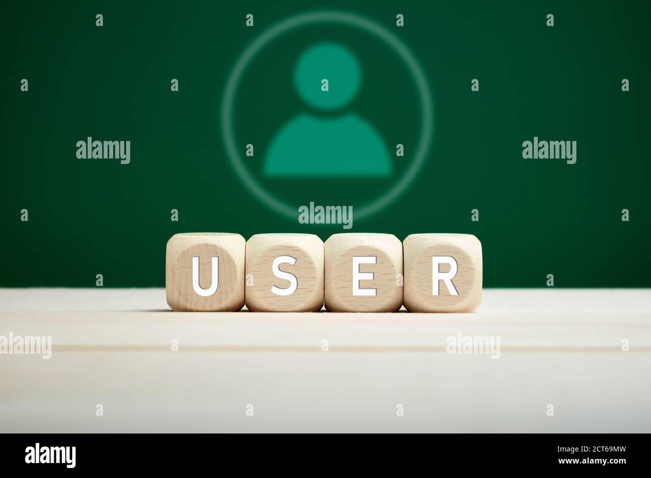 Le mot utilisateur sur des blocs de bois avec une icône utilisateur sur fond vert. Technologie, communication ou concept d'utilisateur d'Internet. Banque D'Images