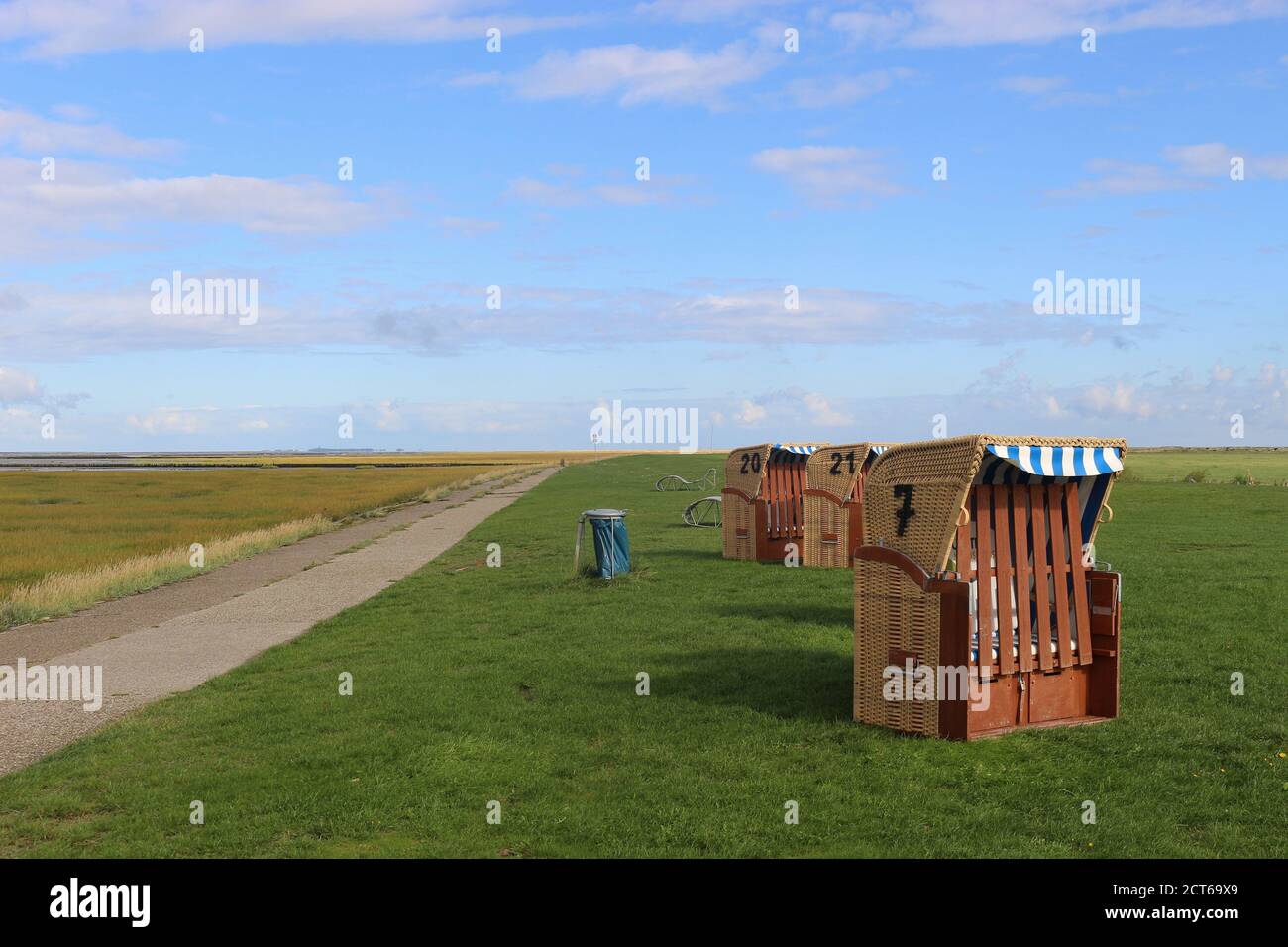 Chaises de plage sur l'herbe, au bord de la mer du Nord. À Spieka-Neufeld près de Cuxhaven, Allemagne, Europe. Banque D'Images