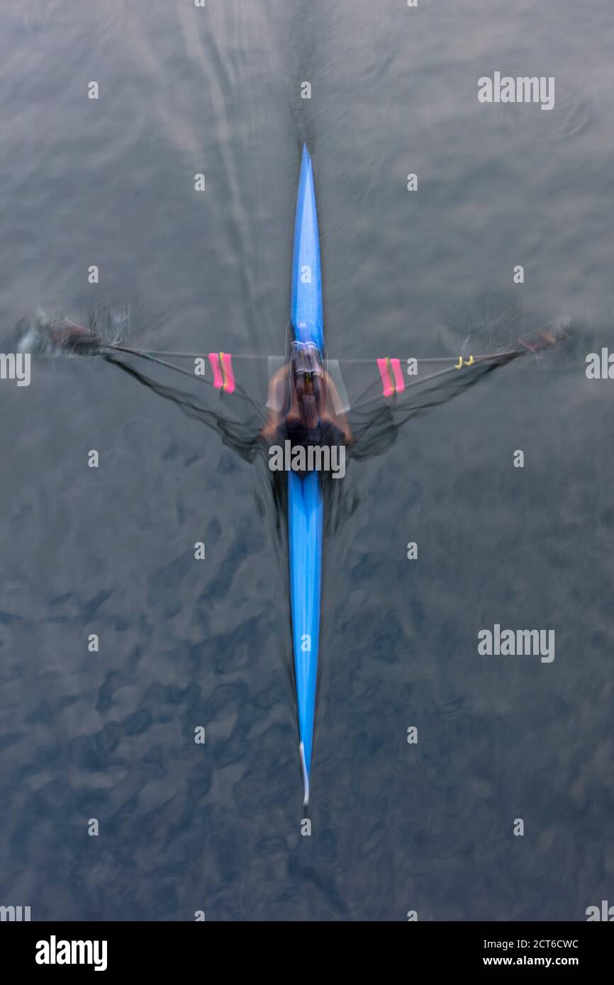 Un bateau à mouettes et un rameur sur l'eau, vue d'en haut. Banque D'Images