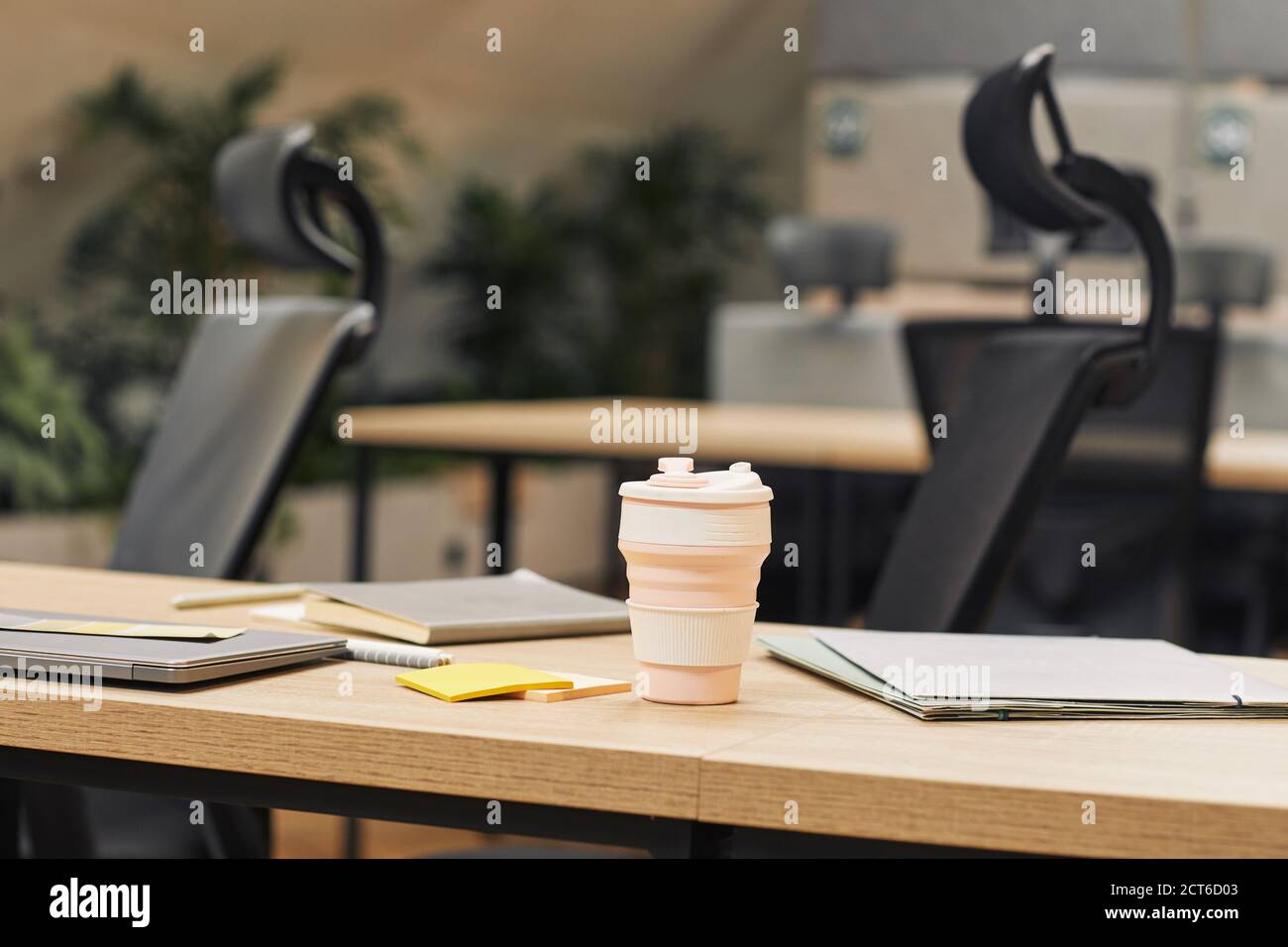 Image d'arrière-plan de bureau moderne à espace ouvert décoré de plantes, accent sur une tasse de café sur une table en bois au premier plan, espace de copie Banque D'Images