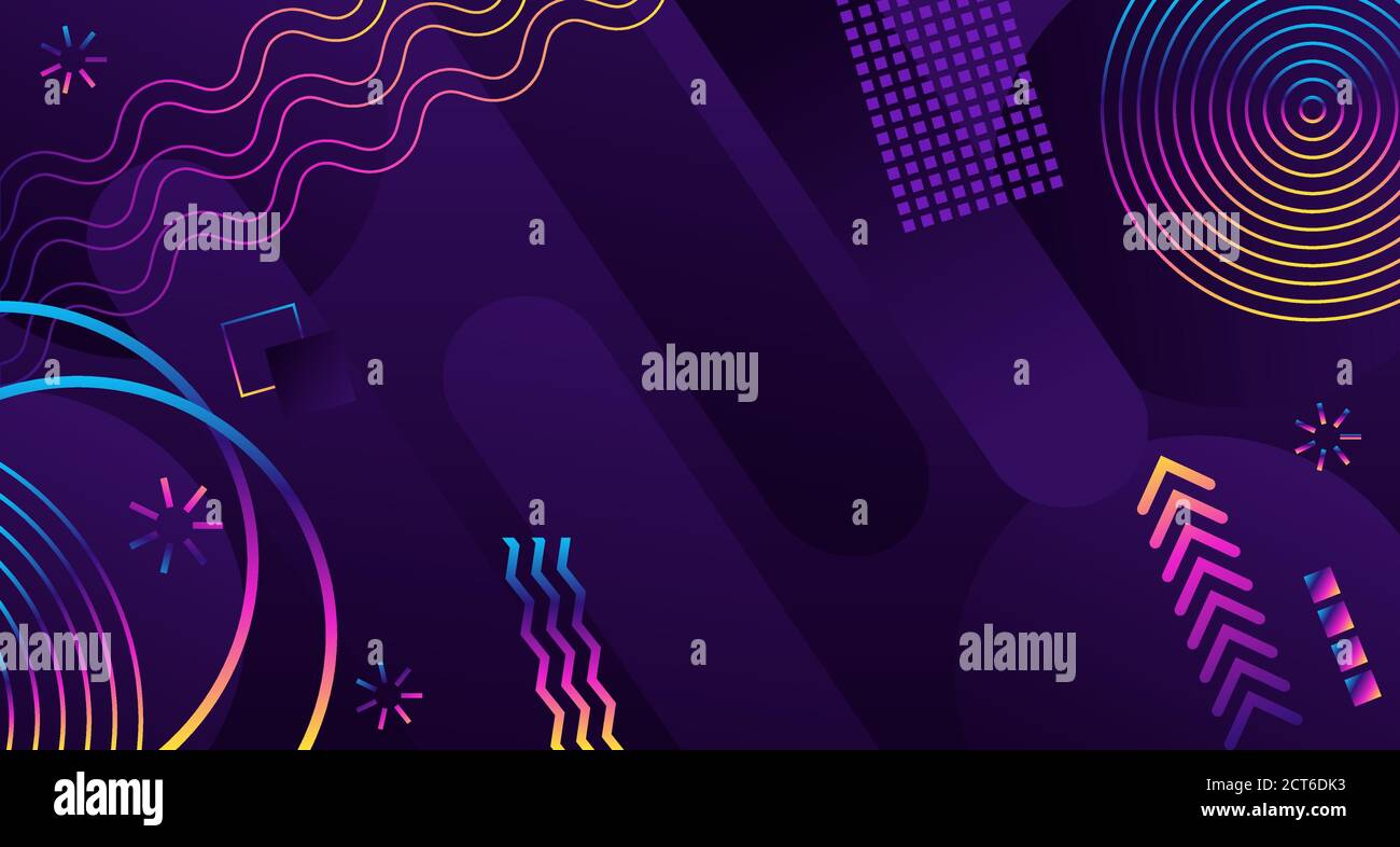 Arrière-plan abstrait dans un style futuriste moderne. Bannière aux formes géométriques chaotiques. Cercles et rayures arc-en-ciel sur fond sombre. Illustration de Vecteur