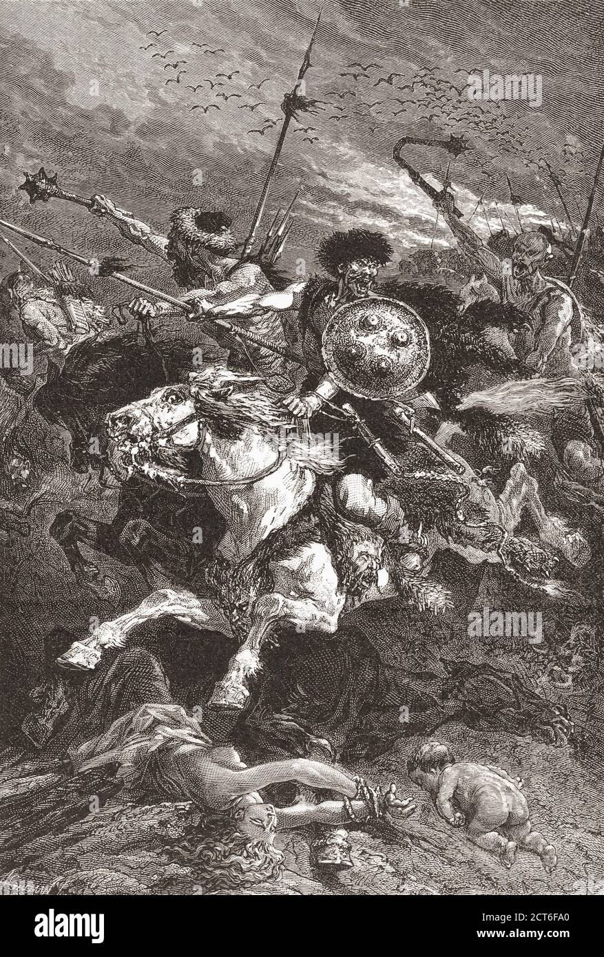 La bataille des Plaines catalannes, aussi appelée la bataille du Campus Mauriacus, la bataille de Châlons, la bataille de Troyes ou la bataille de Maurica, 20 juin 451 AD entre les Romains et les Visigoths. Après la peinture des Huns à la bataille des Chalons par l'artiste français Alphonse de Neuville, 1835 - 1885. Banque D'Images