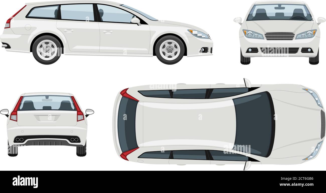 Modèle de vecteur de voiture de station blanche avec des couleurs simples sans dégradés ni effets. Vue latérale, avant, arrière et supérieure Illustration de Vecteur