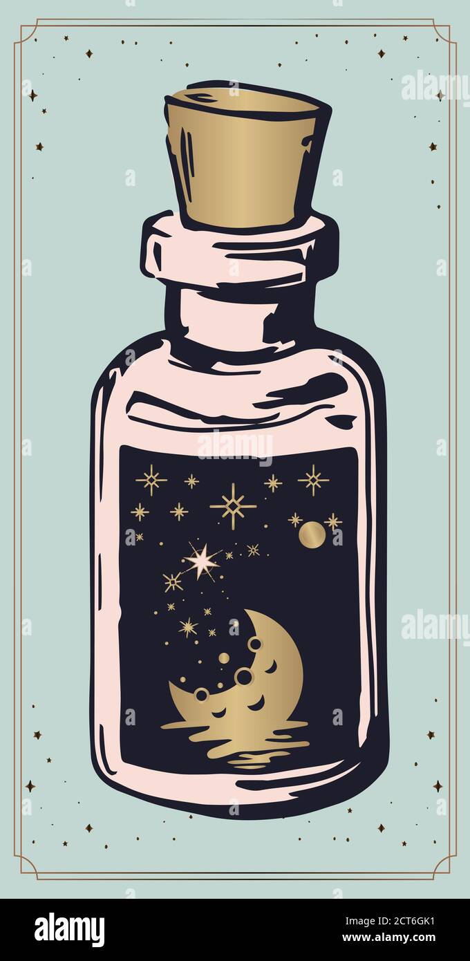 potions magiques de sorcière, lune et étoiles dans un pot, dessin mystique: les mains humaines tiennent la lune. Géométrie sacrée. Illustration de l'ector Imprimer, poker, t-shirt Illustration de Vecteur