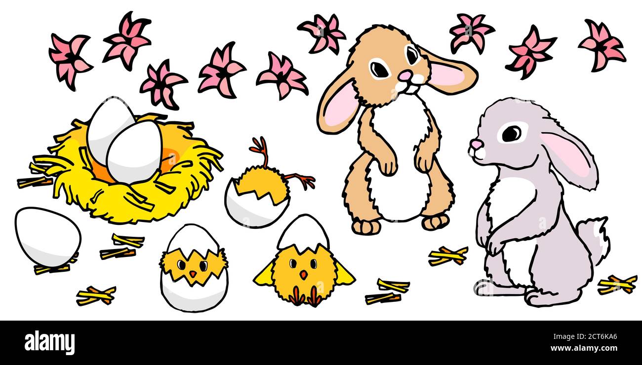 Ensemble d'autocollants de la mascotte de Pâques sur fond blanc isolé. Fleurs de jacinthe pour invitation ou carte-cadeau, carnet ou carrelage de bain. Étui de téléphone ou imprimé en tissu Illustration de Vecteur