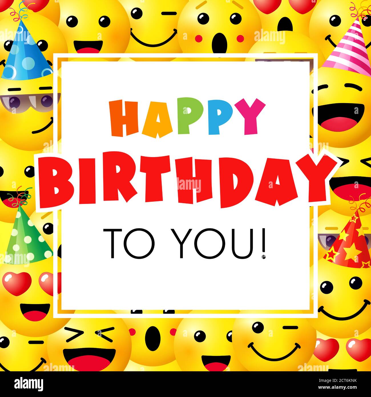 Joyeux Anniversaire Motif De Voeux Vectoriel Emoji Joyeux Anniversaire A Vous Texte De Salutation Avec Un Emotiji Mignon Smiley Dans Des Elements De Fete Comme Le Chapeau Et Le Cadeau Image Vectorielle