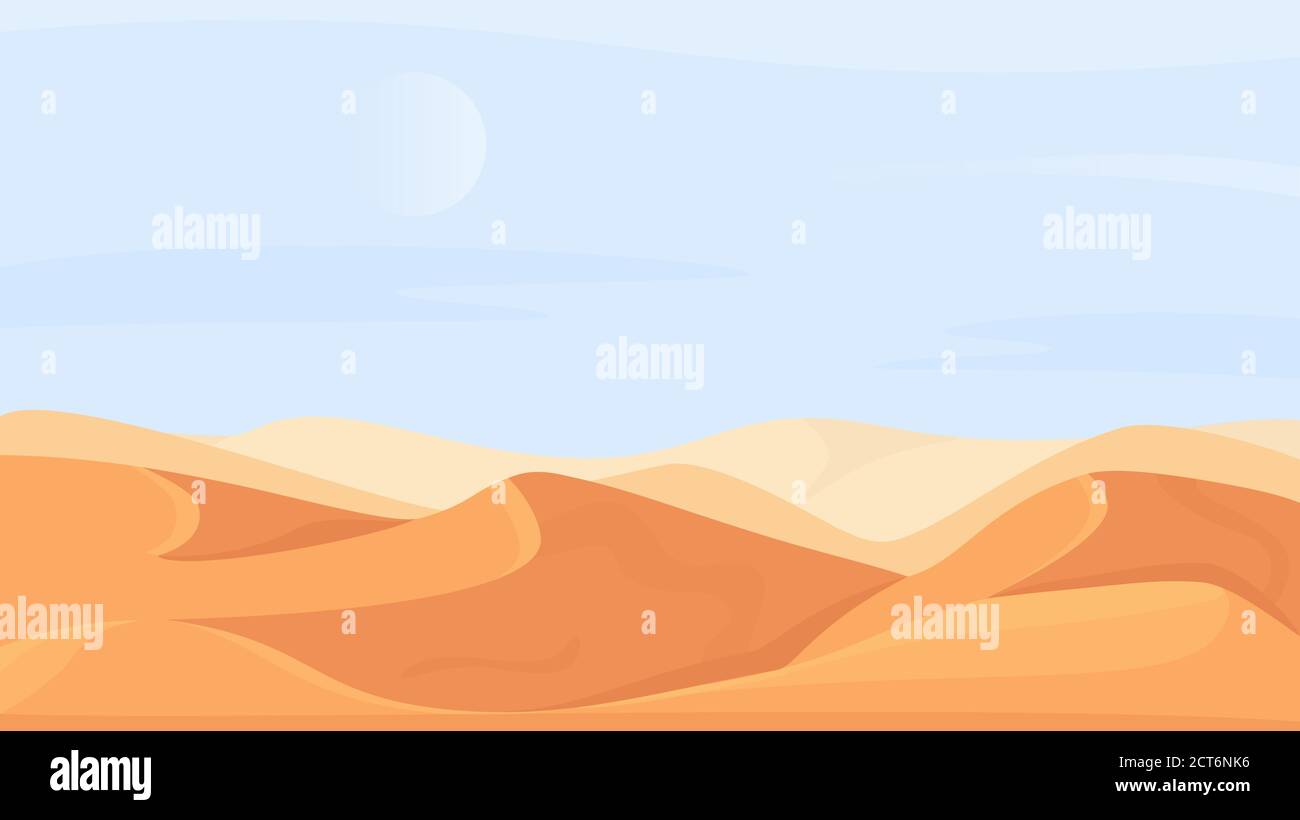Paysage de la nature du désert en Afrique illustration vectorielle. Paysage de dessins animés plat déserté en été temps de chaleur, dune de sable naturel et collines d'Afrique ou du Moyen-Orient, scène du désert du Sahara panorama arrière-plan Illustration de Vecteur