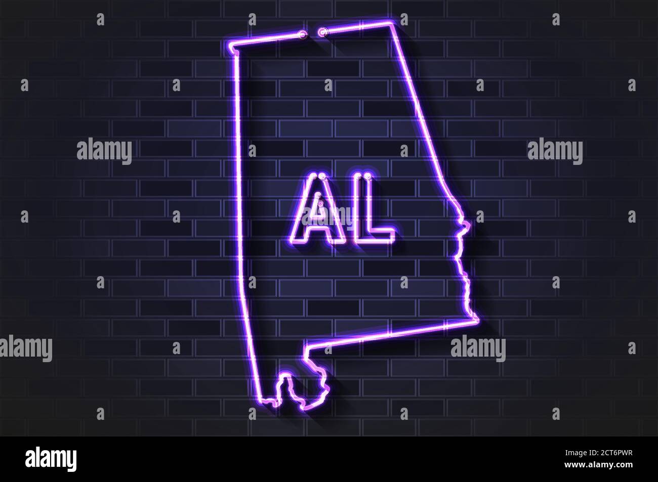 Lampe au néon ou tube en verre avec lampe au néon luminante Alabama MAP sur un mur de briques noires Illustration de Vecteur