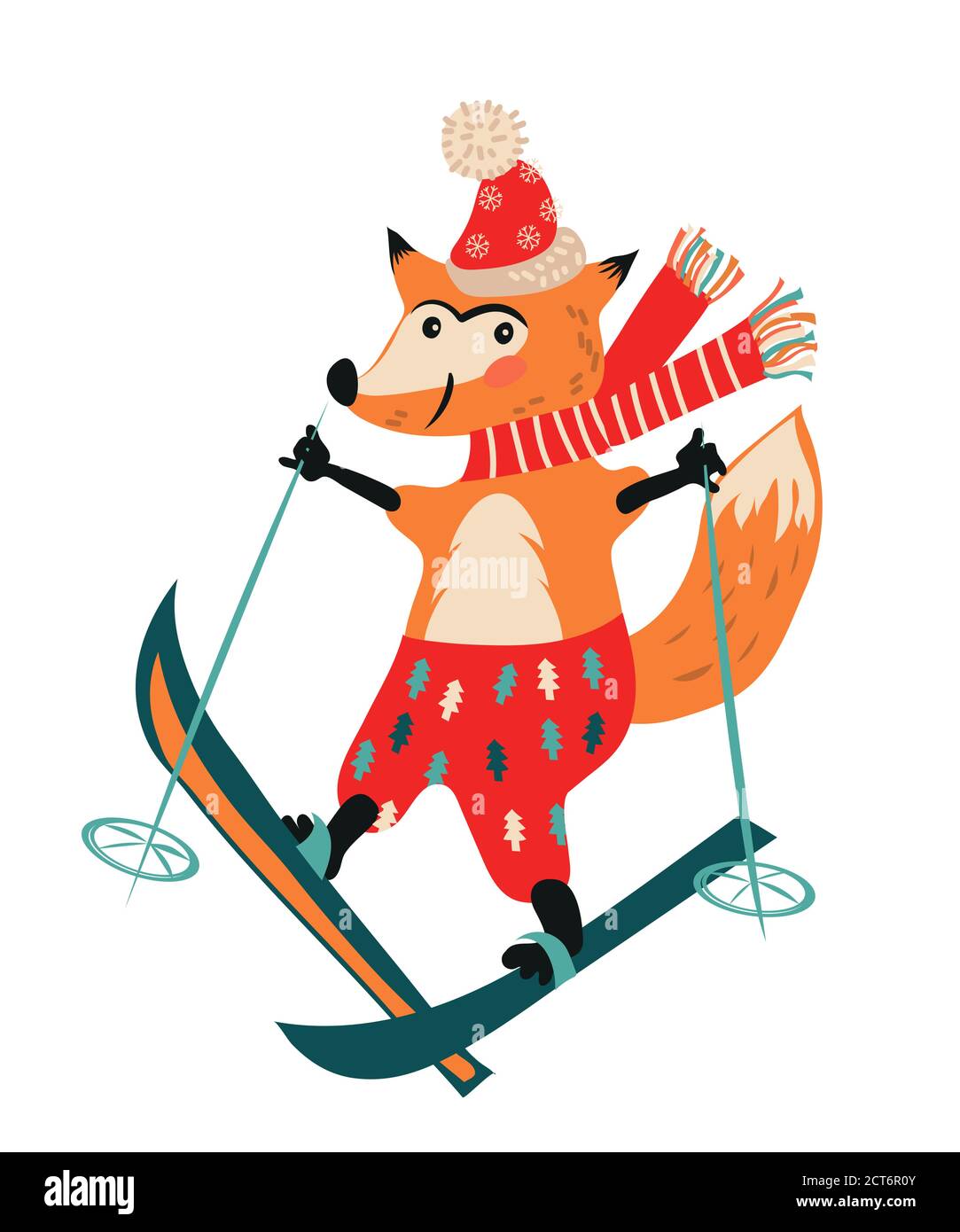 Noël et nouvel an hiver renard ski dessin animé personnage plat vecteur illustration isolée. Illustration de Vecteur