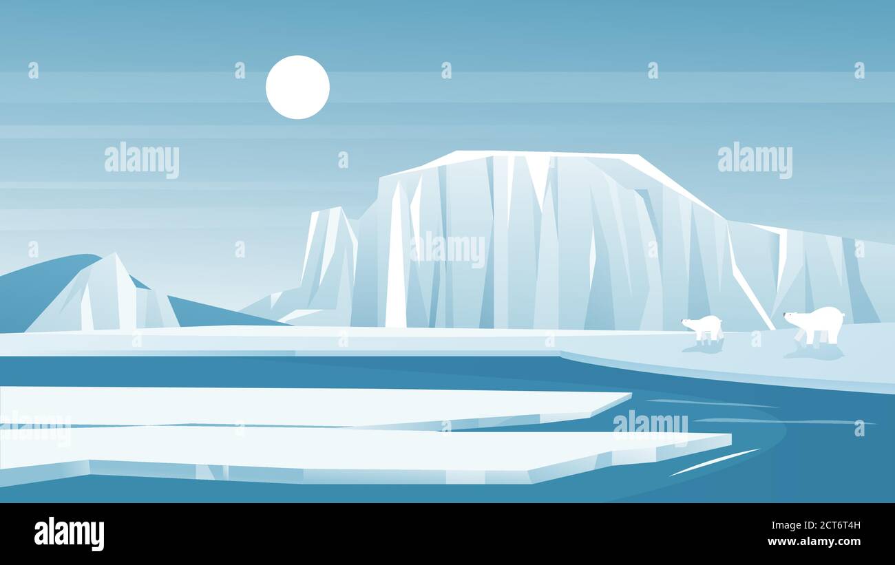 Illustration du vecteur paysage antarctique. Dessin animé givre nature paysage du Nord avec iceberg montagne de neige, la glace arctique et les collines de neige. Illustration de Vecteur