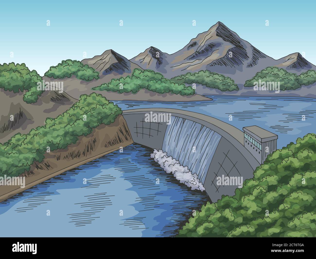 Barrage hydroélectricité rivière graphique couleur paysage esquisse vecteur d'illustration Illustration de Vecteur