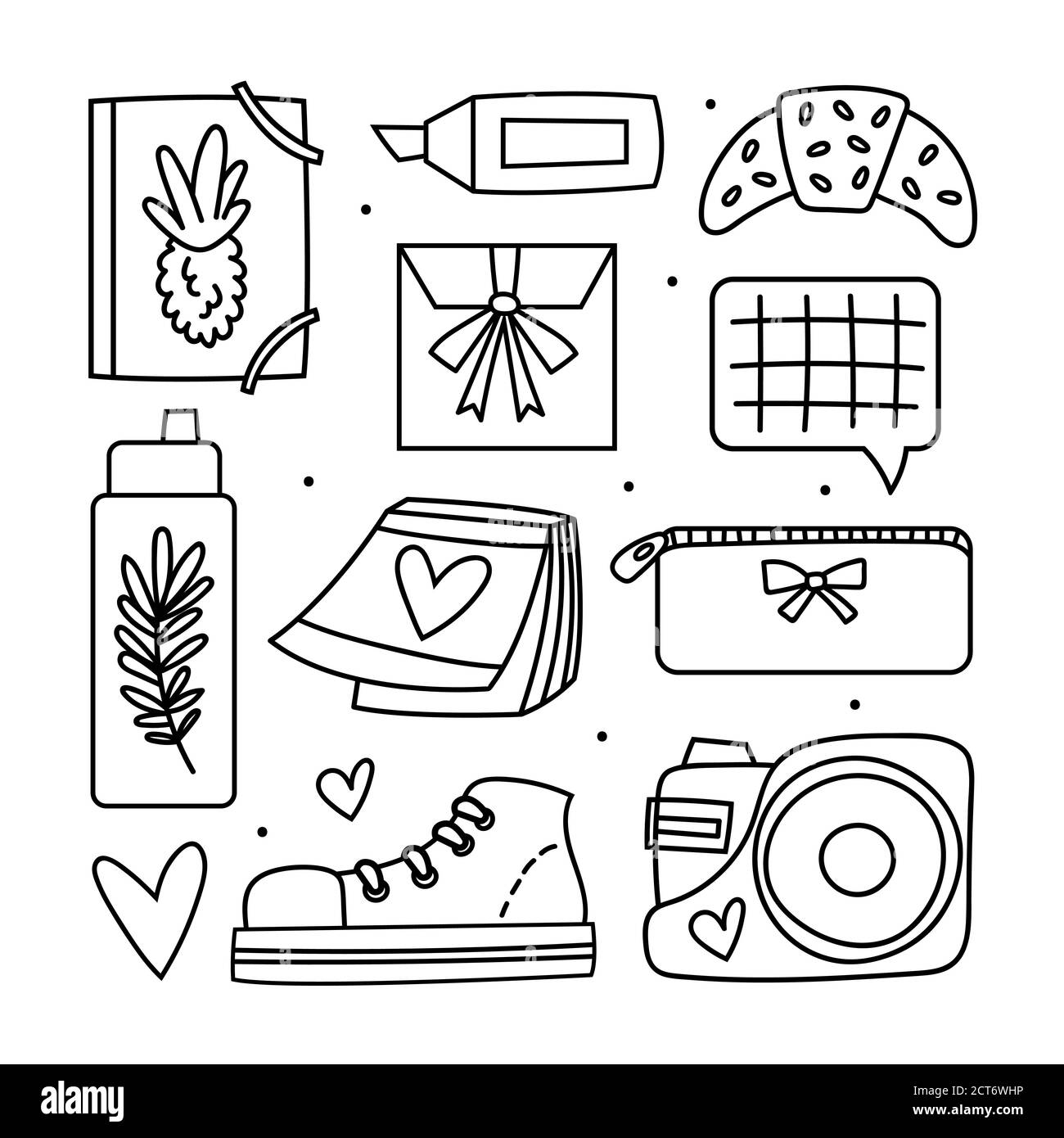 Retour à l'école gros clip art. articles de bureau, papeterie. Carnet, autocollant, croissant, chaussure, appareil photo, accessoire, appareil, décor. Motif coolé noir. Illustration de Vecteur