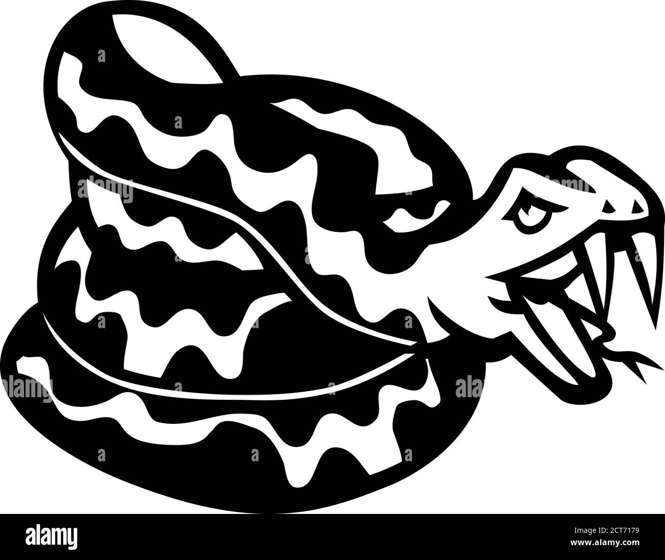 Illustration noire et blanche de la tête d'un serpent spiralé agressif, viper ou python ne marche pas sur moi vu de côté sur fond isolé dans retr Illustration de Vecteur