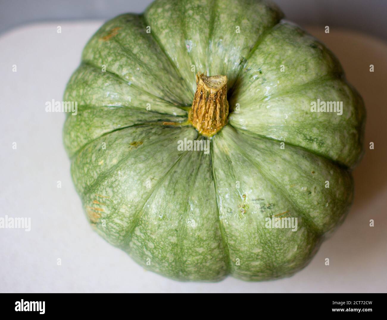 Citrouille mûre, verte entière à l'automne sur la coupe Banque D'Images