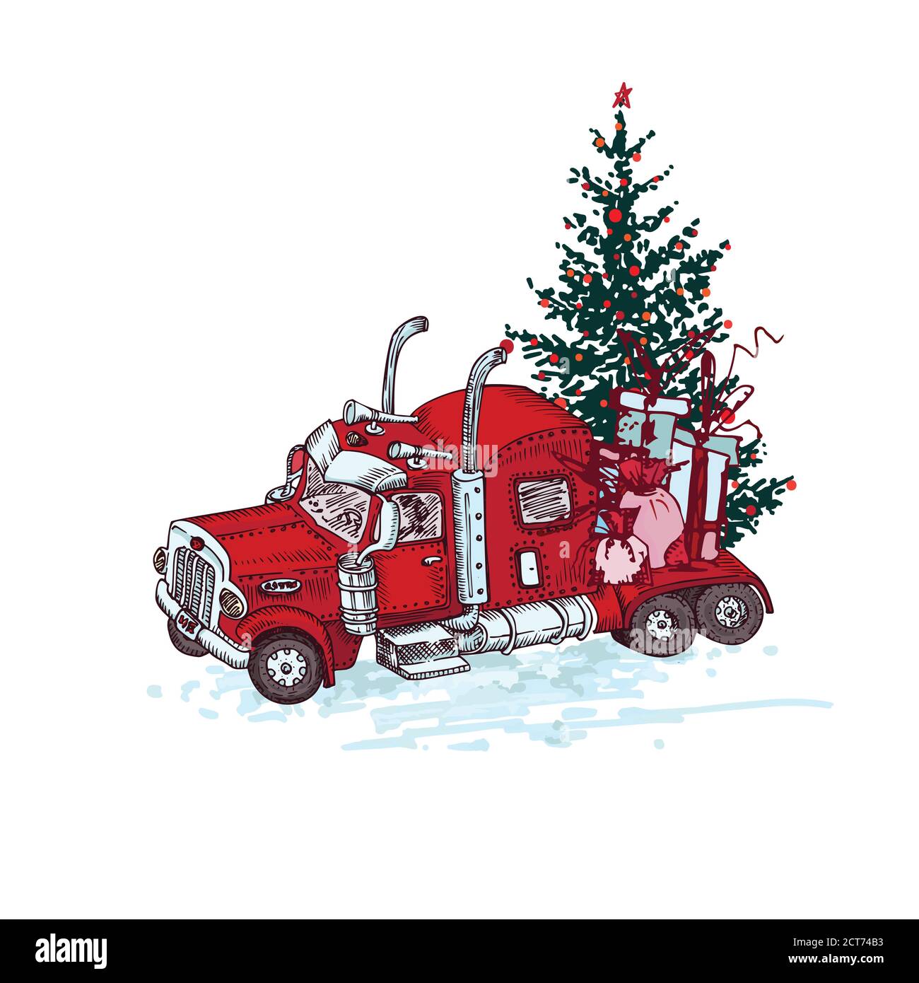 Chariot rouge dessiné à la main avec arbre de noël et cadeaux isolés sur fond blanc. Vintage sketch xmas transport camion. Grande voiture industrielle, géante Illustration de Vecteur