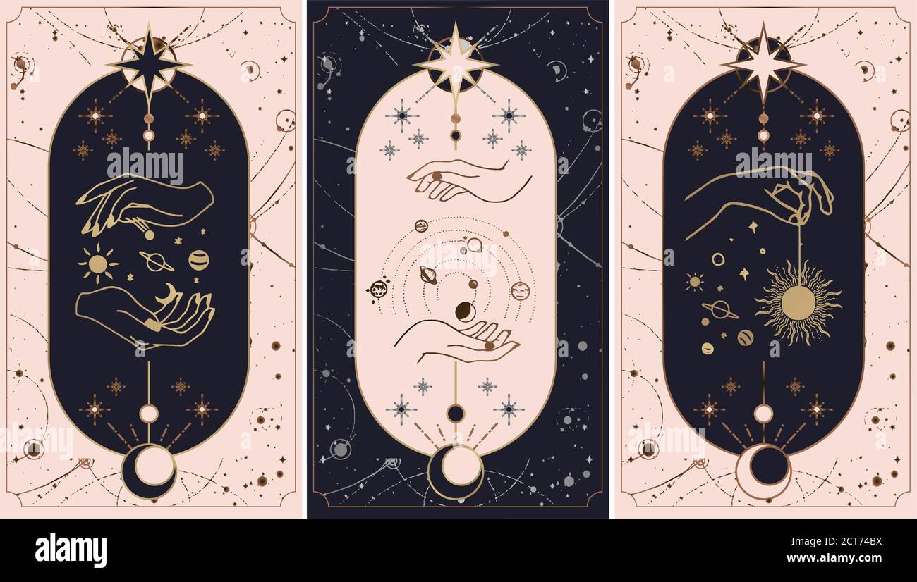 étoiles cosmos créées par les mains de Dieu, carte de Tarot d'or dorée et  rose avec du noir. Ensemble de cartes de tarot occultes magiques.  Illustration du vecteur de gravure Image Vectorielle