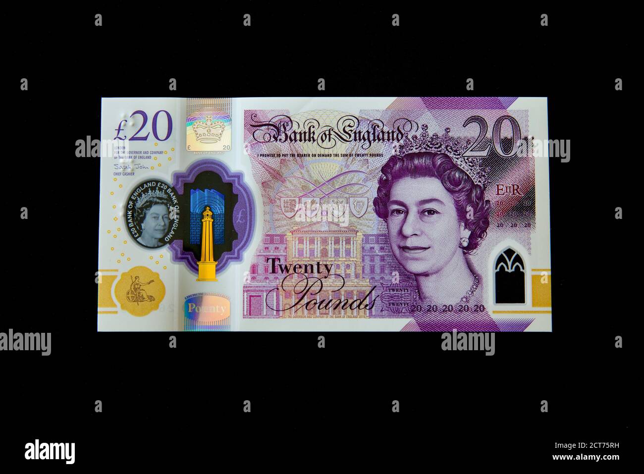 Le nouveau billet de banque britannique de 20 £ sur fond noir Banque D'Images
