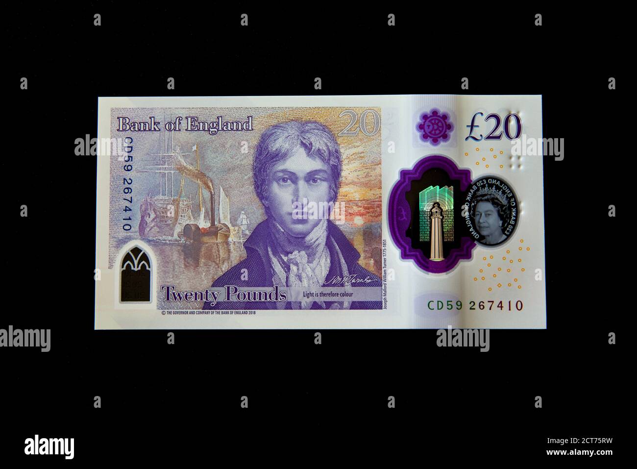 Le polymère de 2020 £ 20 livre note de la Banque de Angleterre avec l'artiste JMW Turner sur fond noir Banque D'Images