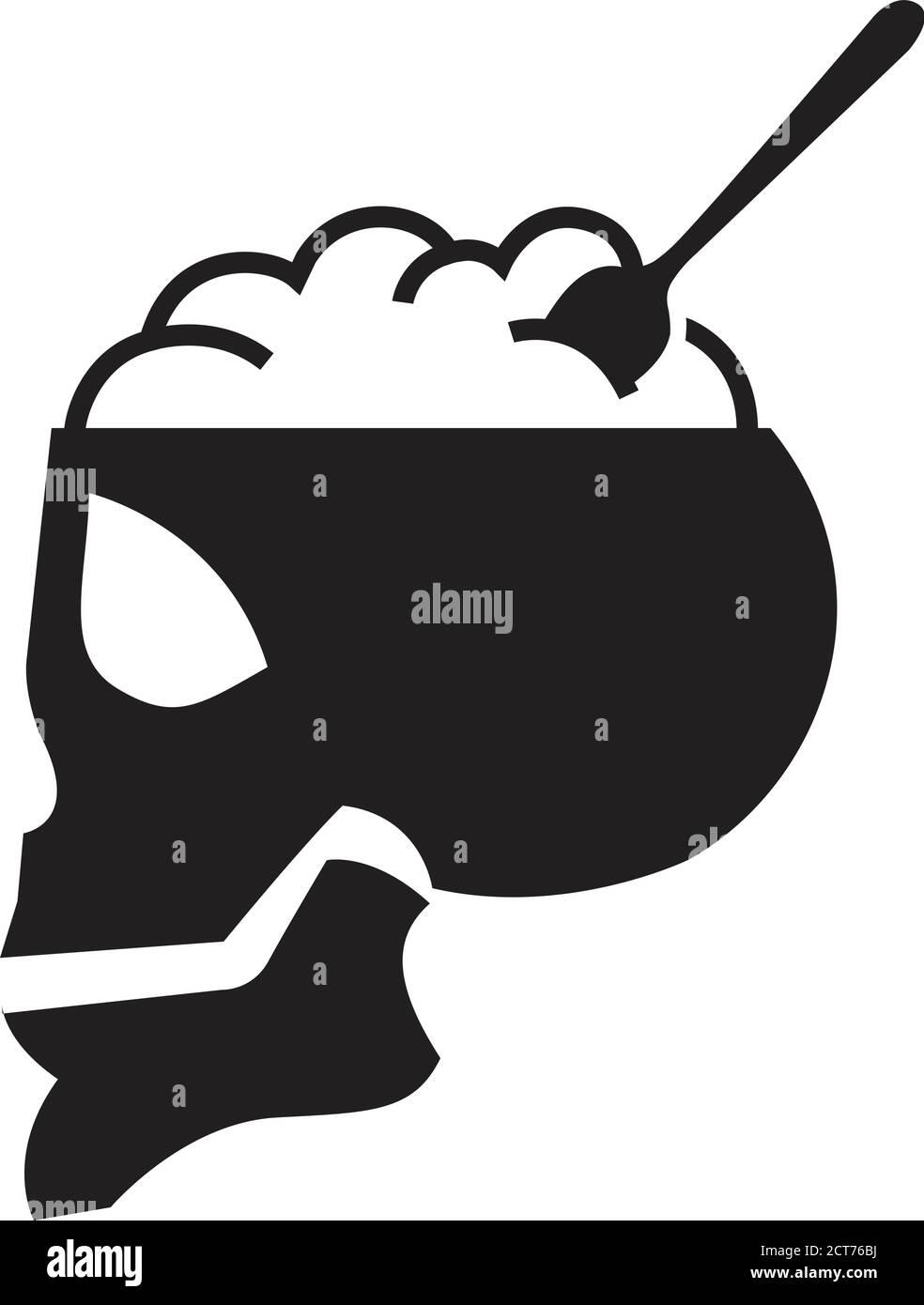 Crâne humain comme icône de bol alimentaire en noir et blanc. Potion magique. Illustration vectorielle. Illustration de Vecteur