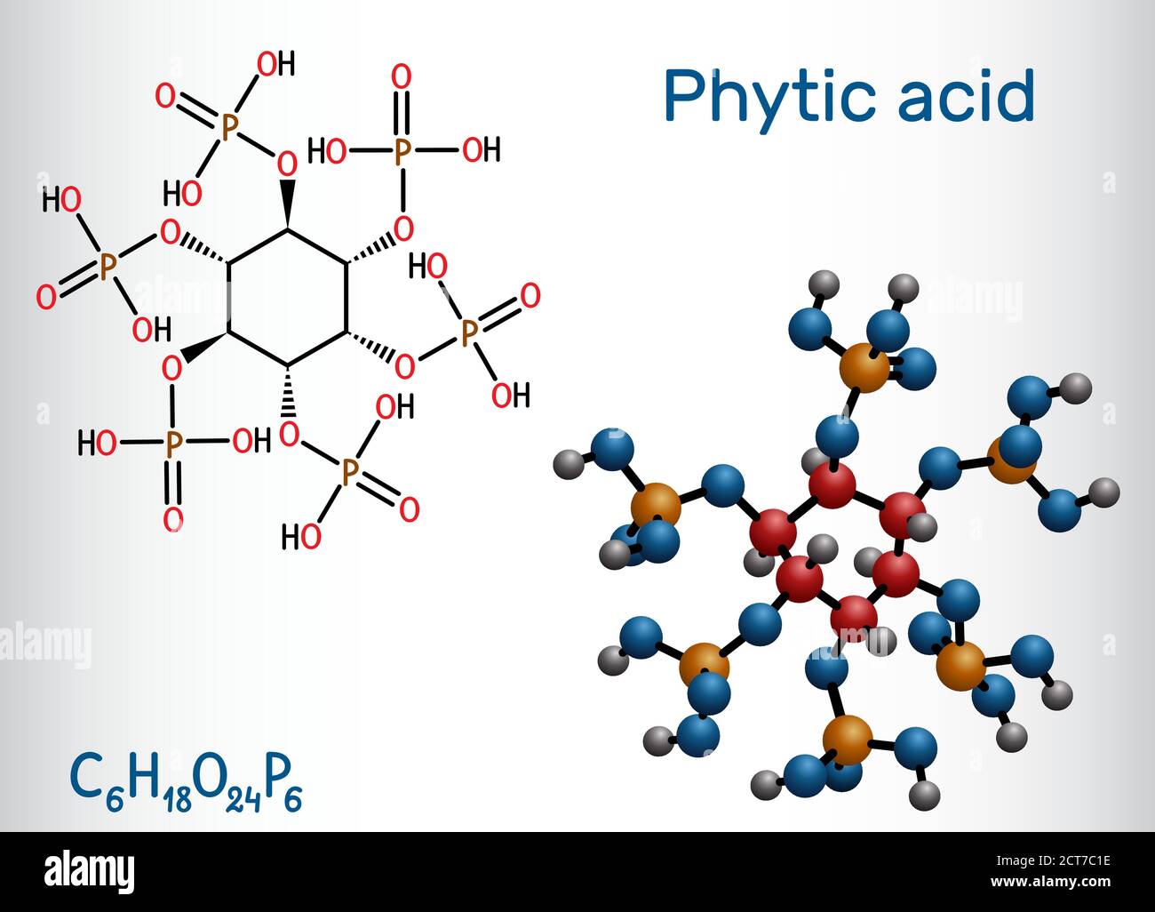 Acide phytique, acide fytique, phytate, phytine, molécule de myo-inositol hexakisphosphate. Il joue le rôle de chélateur du fer, d'agent antinéoplasique, de cofacteur. Structure Illustration de Vecteur