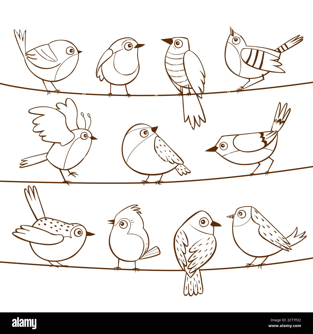Collection de petits oiseaux mignons posés sur une corde. Petits oiseaux dessinés à la main. Illustration vectorielle. Illustration de Vecteur
