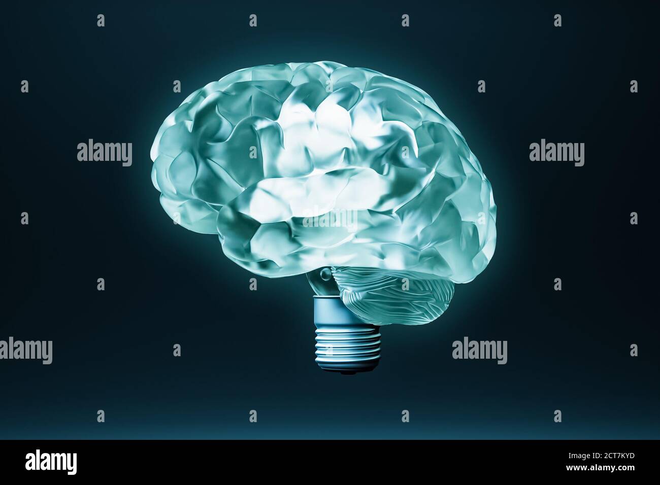 Cerveau comme illustration de rendu 3D conceptuel de l'ampoule. Cognition, imagination, apprentissage, neurologie, concepts d'idées. Banque D'Images