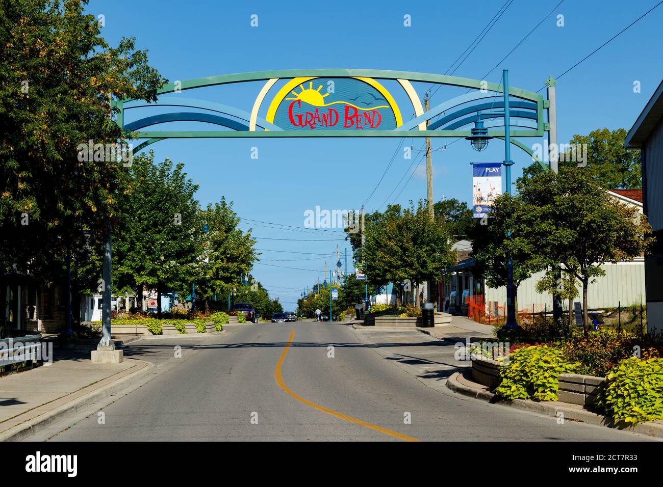 Bienvenue signez Grand Bend Ontario Canada. Grand Bend est une ville balnéaire sur la rive du lac Huron. Banque D'Images