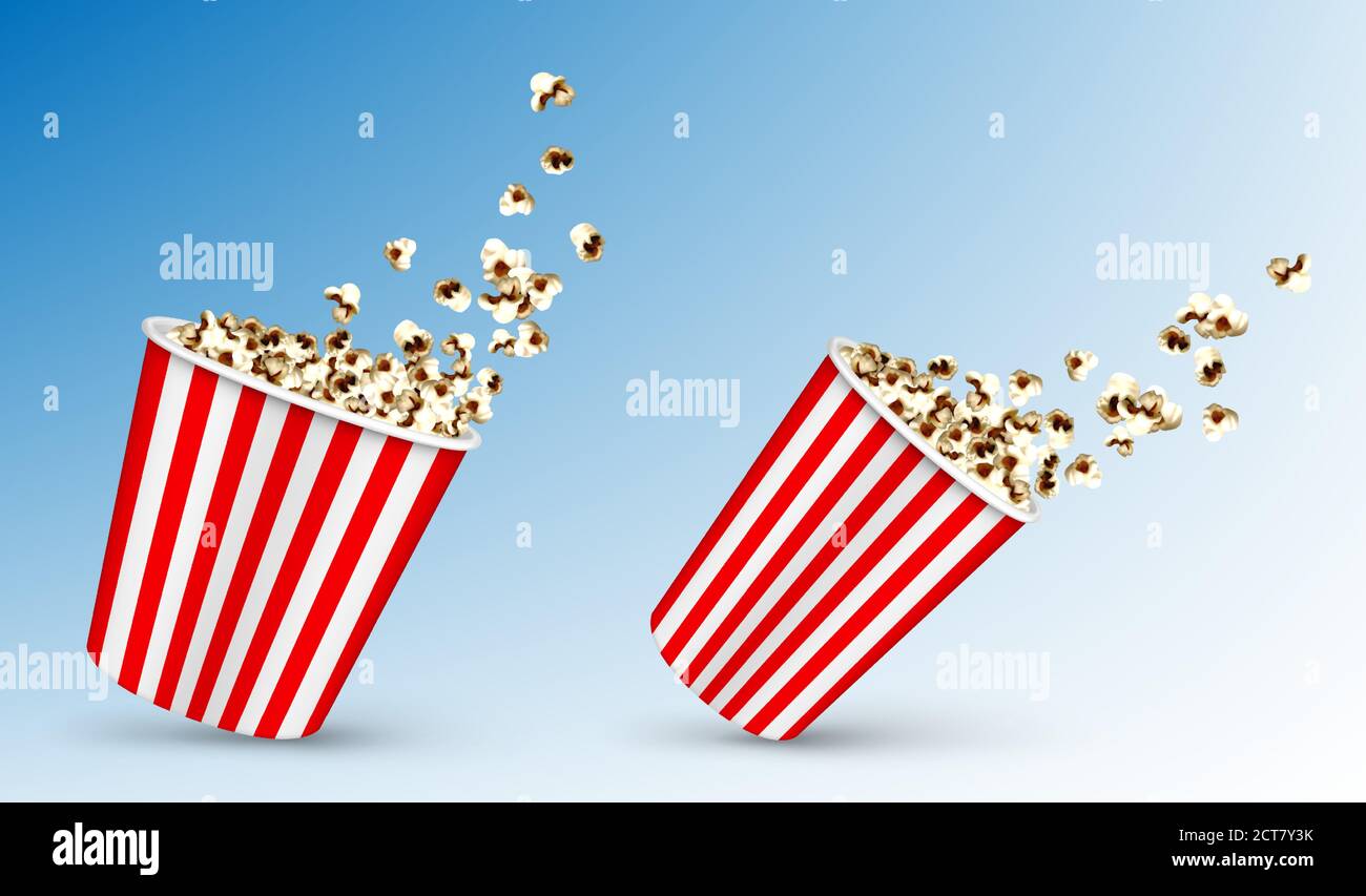 Pop corn Flying Out of carton jetable rayed paquet, pop-corn fast food snack en mouvement dans les conteneurs larges et étroits rouge et blanc sur fond bleu abstrait. Illustration vectorielle 3d réaliste Illustration de Vecteur