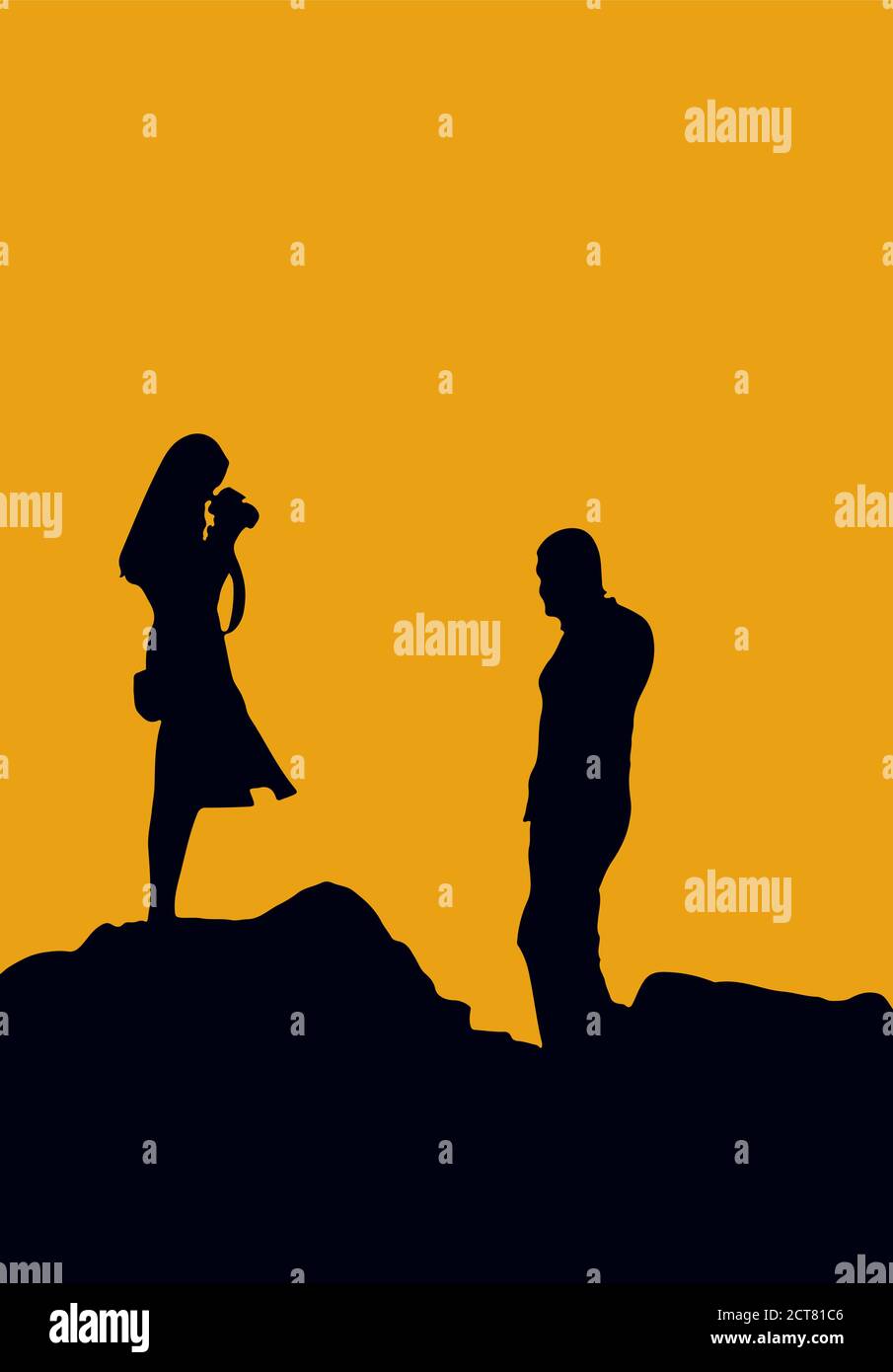 couple photographie sur des rochers de coucher de soleil, la silhouette Illustration de Vecteur